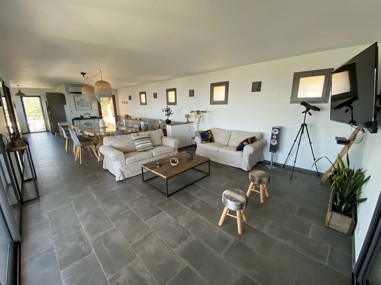 Grand séjour lumineux avec coin salon